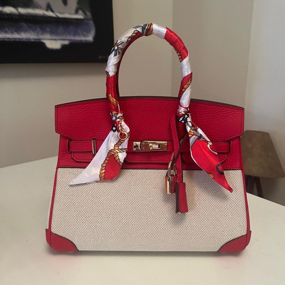 Wirkin Designer Inspired Red Leather & Toile Canvas Handbag